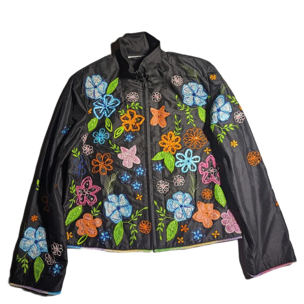 Vtg Y2K Black Colorful Floral Embroidered Silk Full Zip Windbreaker Jacket Sz M